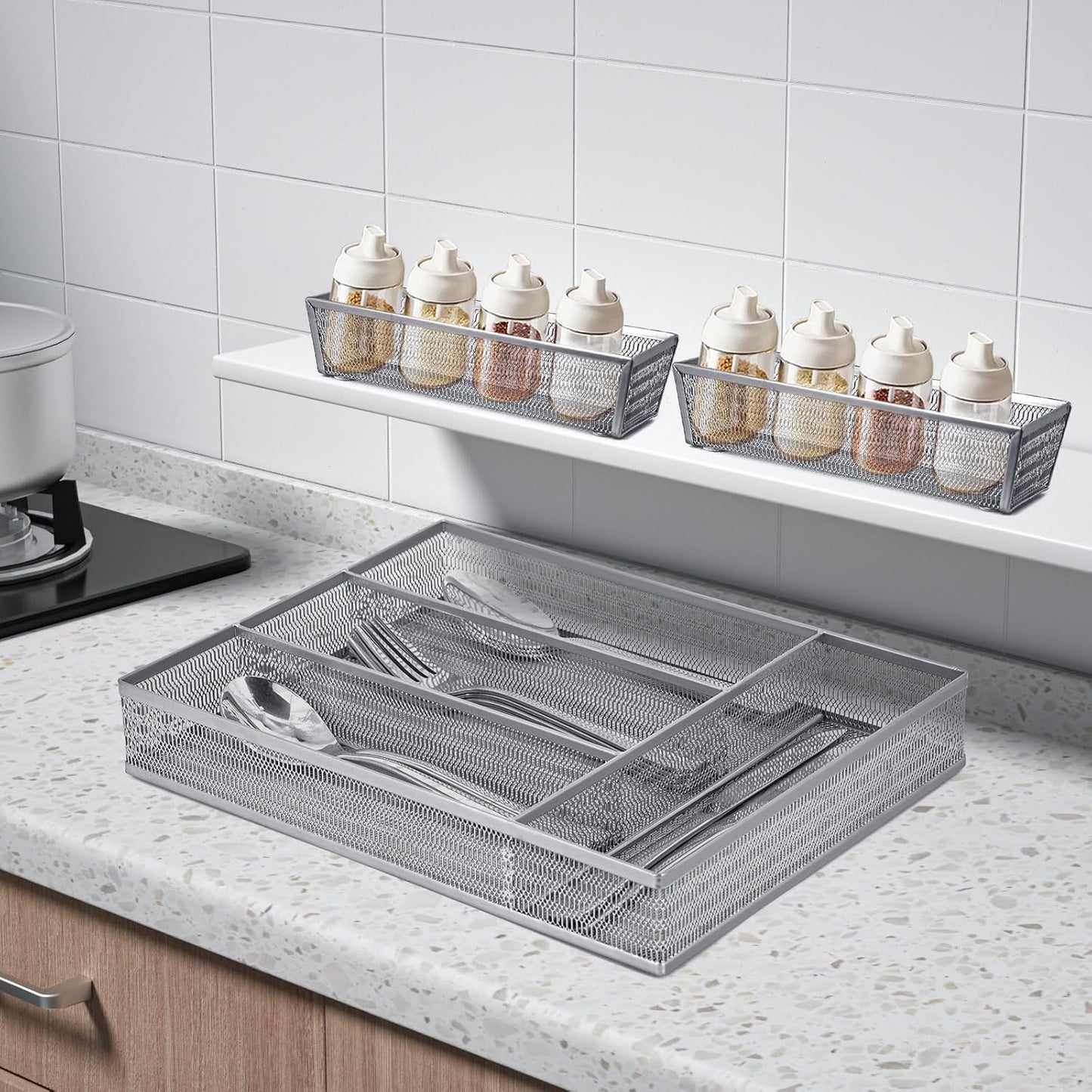 Neudeco Silverware Drawer Organizer - 5 Compartment Cutlery Tray with Non-Slip Feet, Mesh Wire Flatware Storage Divider for Kitchen, Bedroom, Living Room (Silver)