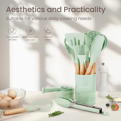 26 Pcs Silicone Cooking Utensils Set with Holder, NCUE BPA Free Kitchen Utensils Set for Cooking, 446°F Spatulas Silicone Heat Resistant Wooden Handle Spoon Tongs Non-stick Kitchen Gadgets (Khaki)