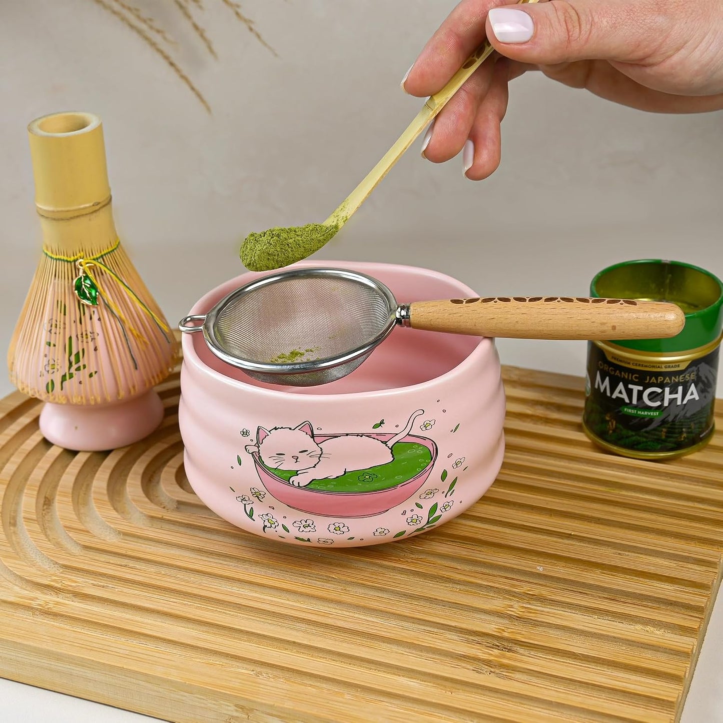 Aprika Life Matcha Bamboo Whisk Set with Holder | 100 Prong Chasen, Bamboo Scoop & Glass Whisk Holder | Matcha Whisk and Holder Starter Kit