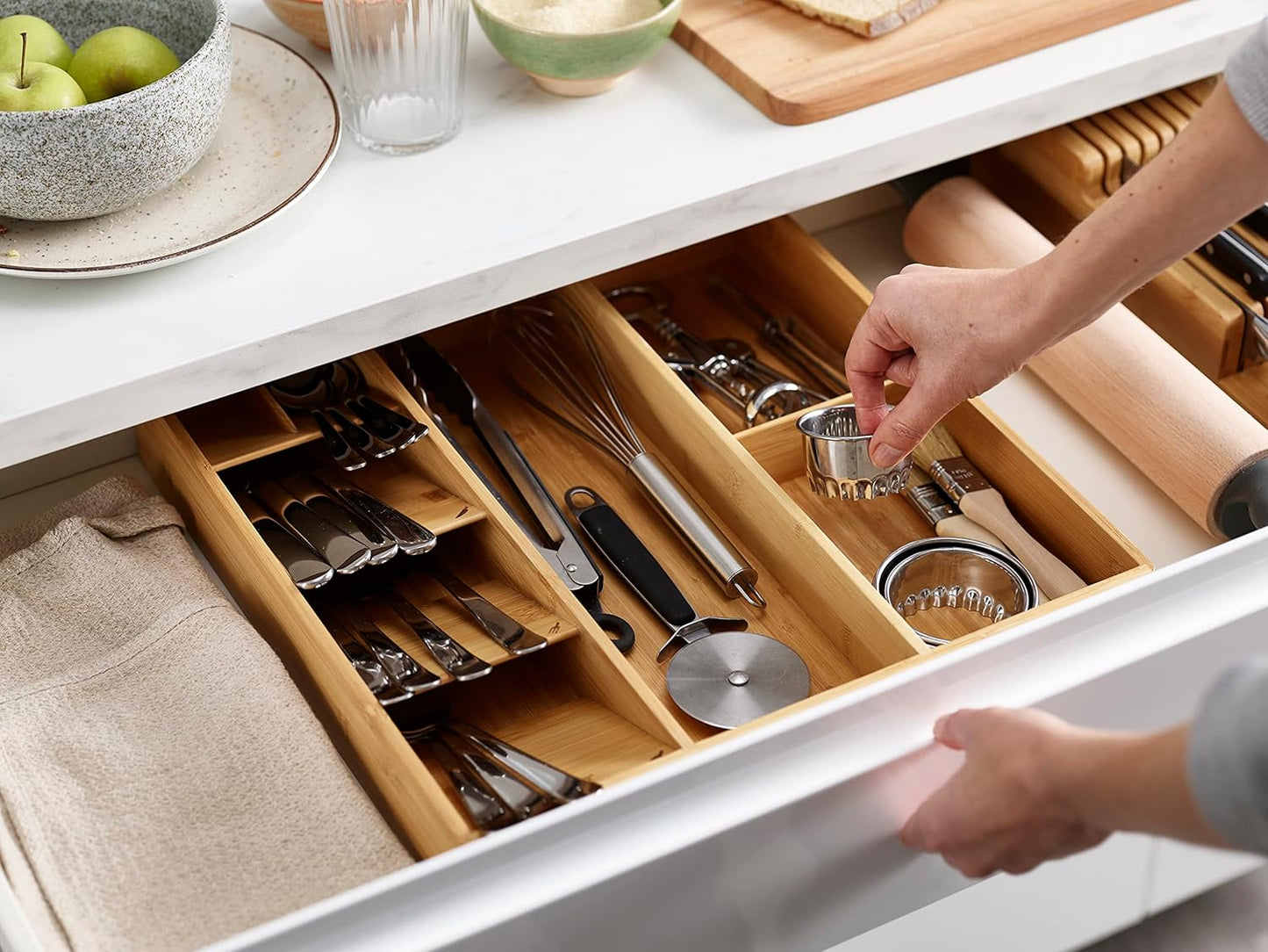Joseph Joseph DrawerStore Compact Utensil Organizer For Kitchen Drawer Silverware, Flatware Tray, Small, Bamboo