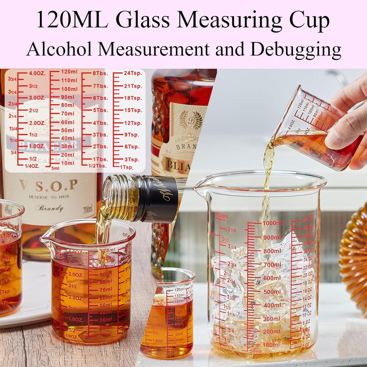 High Borosilicate Glass Measuring Cup-V-Shaped Spout，Glass Measuring Beaker for Kitchen or Restaurant, Easy to Read, 60 ML (2 Oz)-Pack of 2