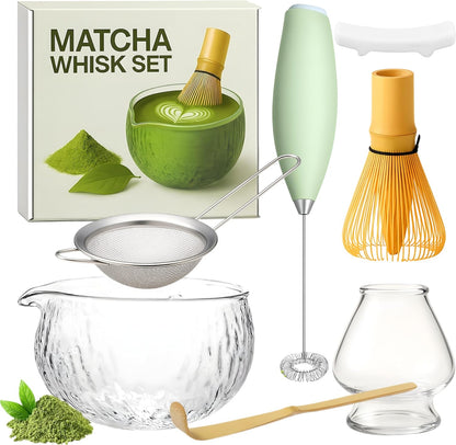 Matcha Whisk Set with Matcha Bowl - Matcha Set Included Electric Frother, Bamboo Whisk, Matcha Spoon, Bamboo Holder, Sifter, Spoon Stand (Blossom Pink)