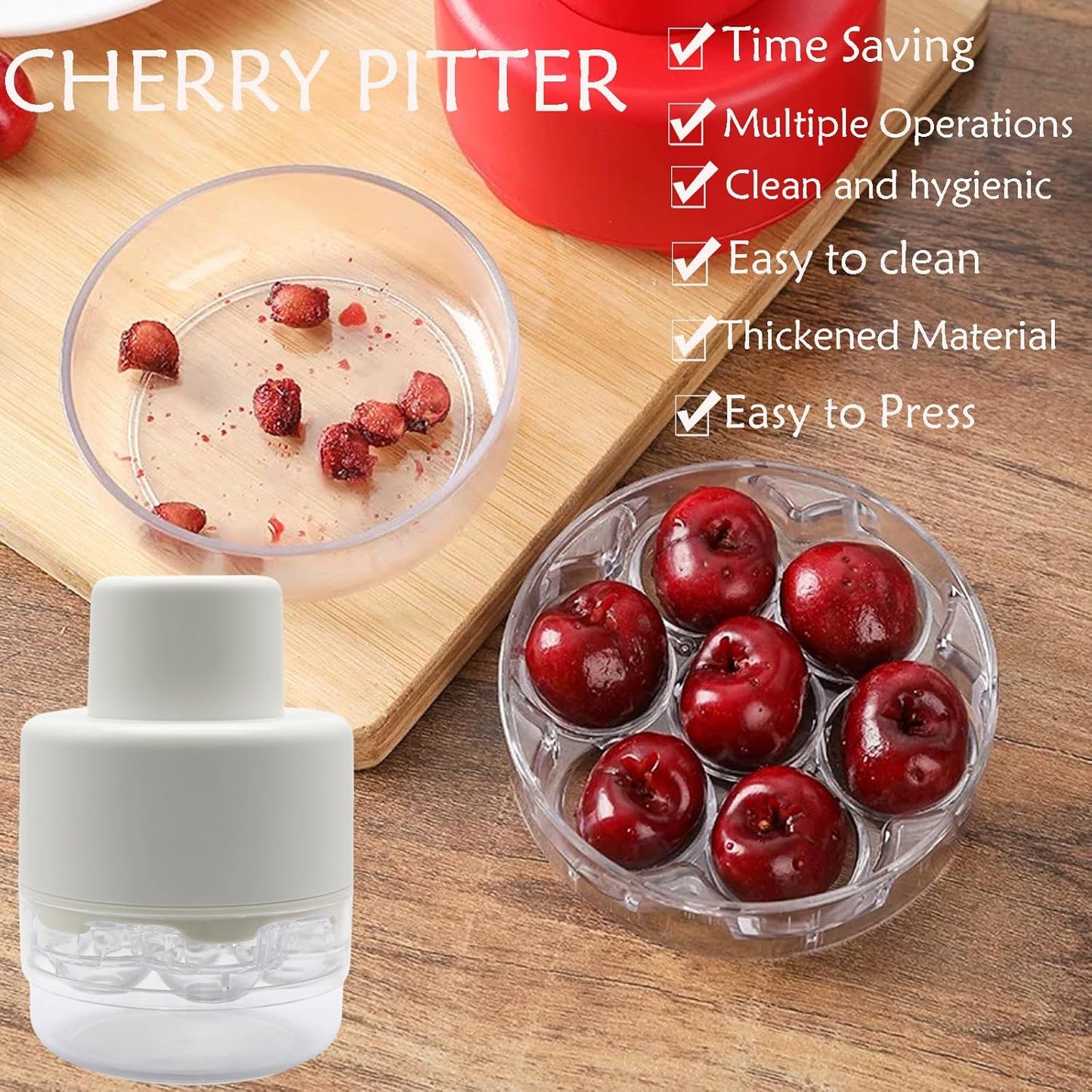 Cherry Pitter Tool,7-Hole Adjustable Fruit Seed Remover with Push-Down Design, Portable for Kitchen, Bakery & Fruit (White)
