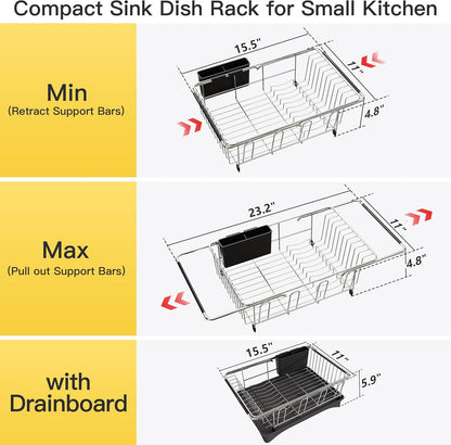 JASIWAY Roll Up Dish Drying Rack, Expandable (12.8"-23.8" D x 12.8" W) Stainless Steel Portable Drainer for Kitchen Sink Counter, Foldable Over The Sink Cover with Removable Utensil Holder