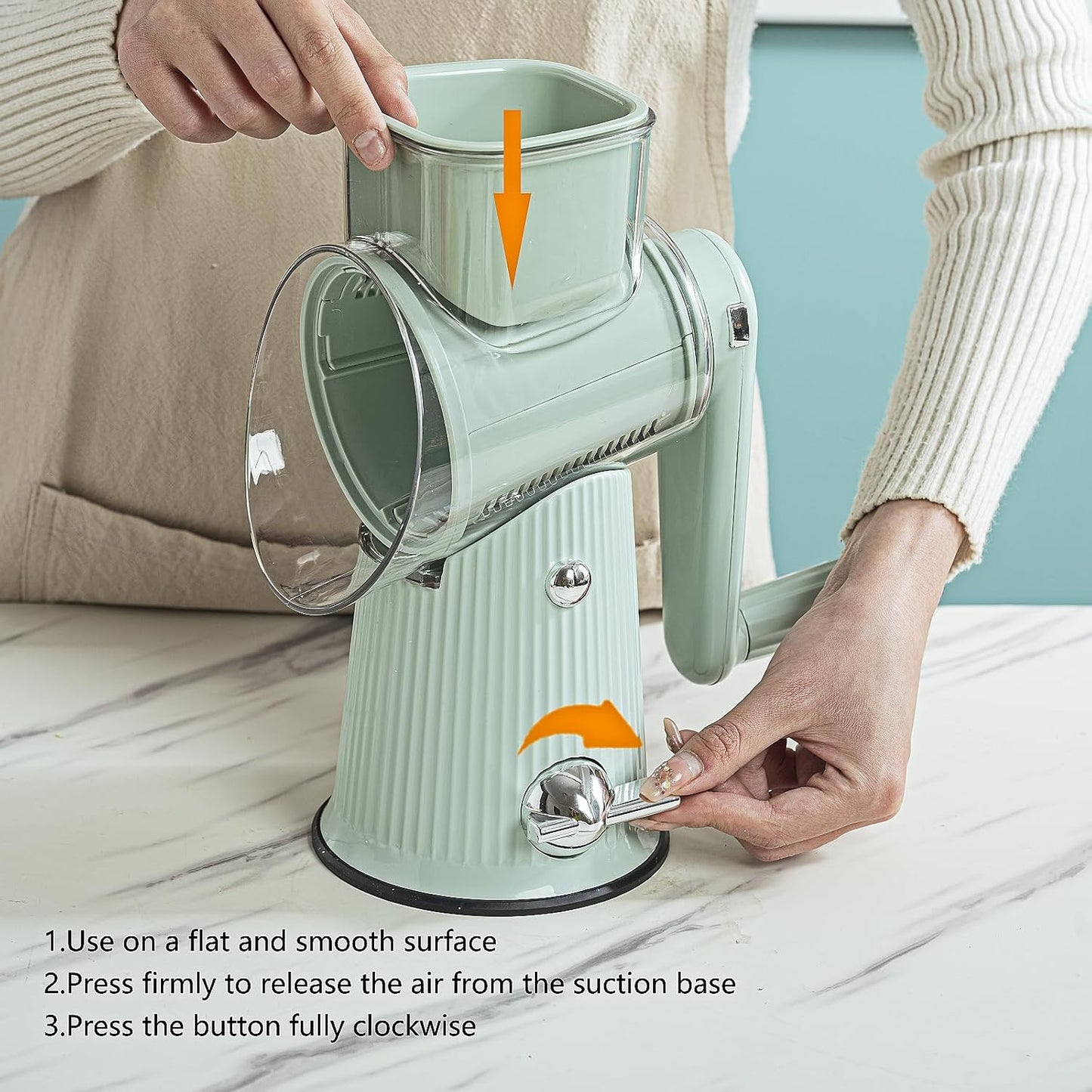Rotary Cheese Grater with Handle: 5 in 1 Cheese Grater Hand Crank Cheese Shredder with Strong Suction Base Kitchen Vegetable Slicer with 5 Interchangeable Blades, Storage Box, White