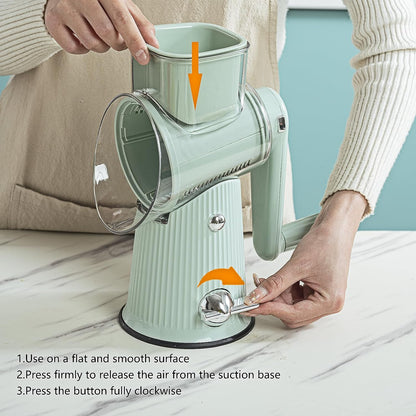 Rotary Cheese Grater with Handle: 5 in 1 Cheese Grater Hand Crank Cheese Shredder with Strong Suction Base Kitchen Vegetable Slicer with 5 Interchangeable Blades, Storage Box, White