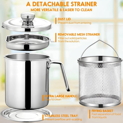 Chihee Grease Container Stainless Steel Bacon Grease Saver with Fine Mesh Strainer 2L / 67.6 fl oz Cooking Oil Keeper Stoarge Can with Dust-proof Lid Non-slip Tray for Kitchen Frying