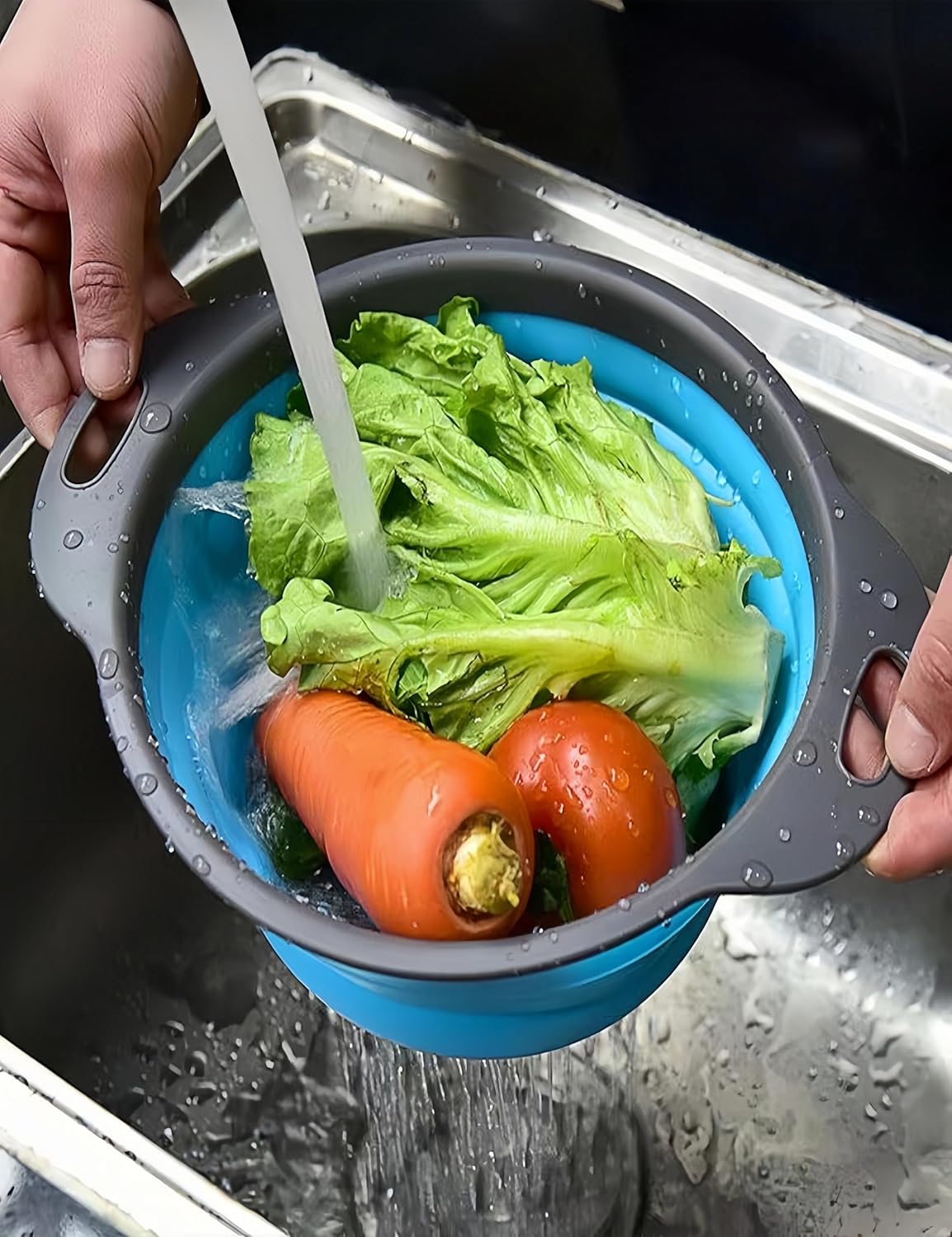 2Pack Blue Round Collapsible Colander,Plastic Handles Silicone Kitchen Strainers Foldable Kitchen Strainer,Perfect for Draining Pasta Vegetable and Fruit for Home Cooks