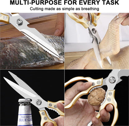 CGBE Kitchen Scissors, Multi-Purpose Kitchen Shears, Heavy Duty Dishwasher Safe Food Scissors for Chicken, Poultry, Fish, Meat & Herbs with Non-Slip Grips - Sliver