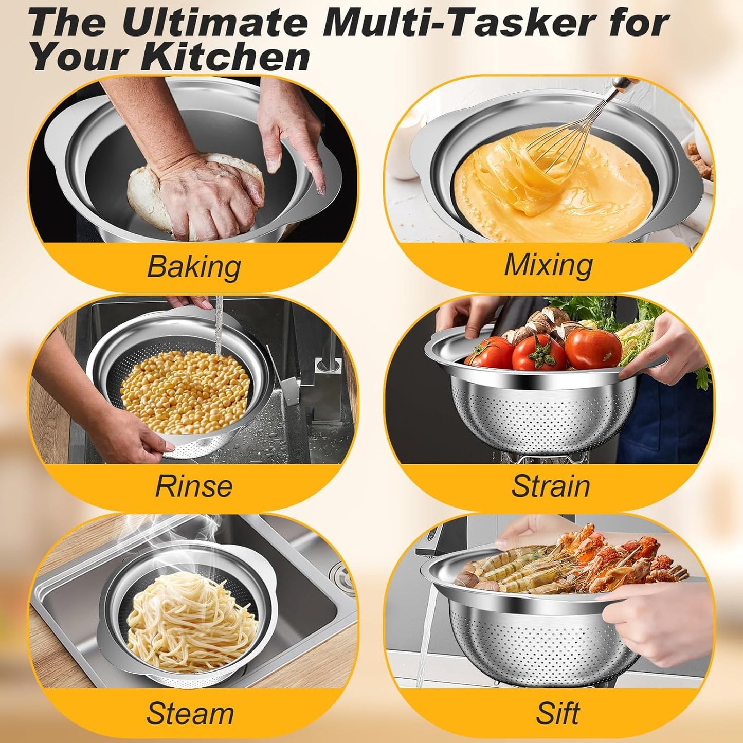 Colander, Stainless Steel Colander for Kitchen, 3Pcs Kitchen Gadget Food Strainer Basket with Handle, Kitchen Strainer Colanders Bowl for Pasta Noodles Spaghetti Vegetables Fruit (2QT, 3QT, 5QT)