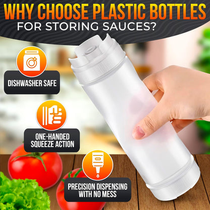 Set of 6 Inverted Condiment Squeeze Bottles 16 oz – Upgraded Design with Added Sealing Gaskets, Self-Closing Valve, Easy-to-Fill Clear Bottles for Sauces, Dressings, Ketchup, Mustard for Everyday Use