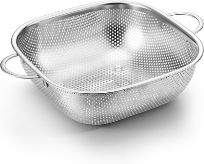 E-far 3 Pack Colander for Kitchen, Square Stainless Steel Metal Strainer Colander with Handle for Draining Food Pasta Vegetable, Micro-Perforated & Elevated Feet, Dishwasher Safe(2.4/4/6QT)