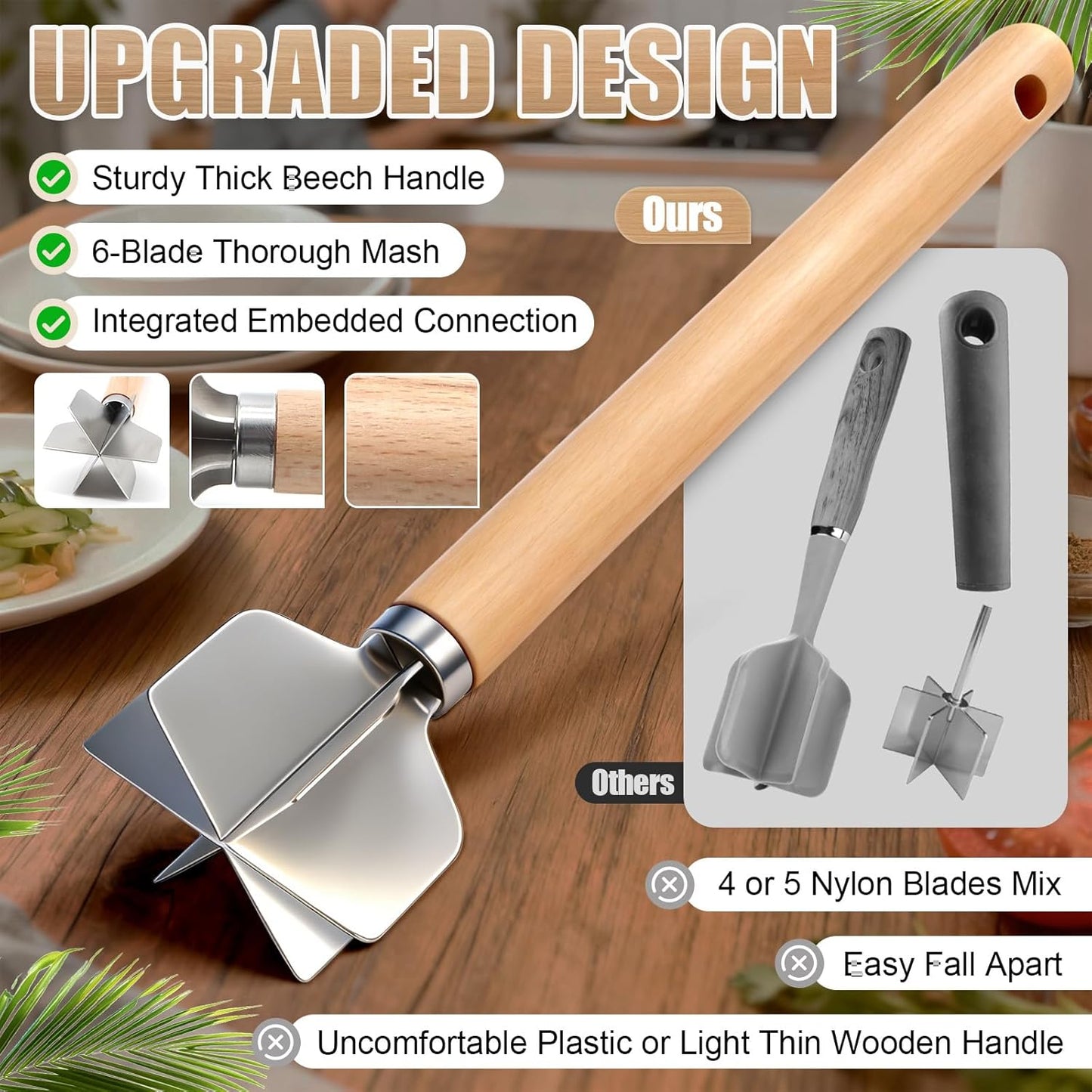 304 Stainless Steel Meat Chopper,Food Grade 6-Blade Ground Beef Chopper Potato Masher Hamburger Smasher Tool for Kitchen Cooking Vegetable Puree 11''