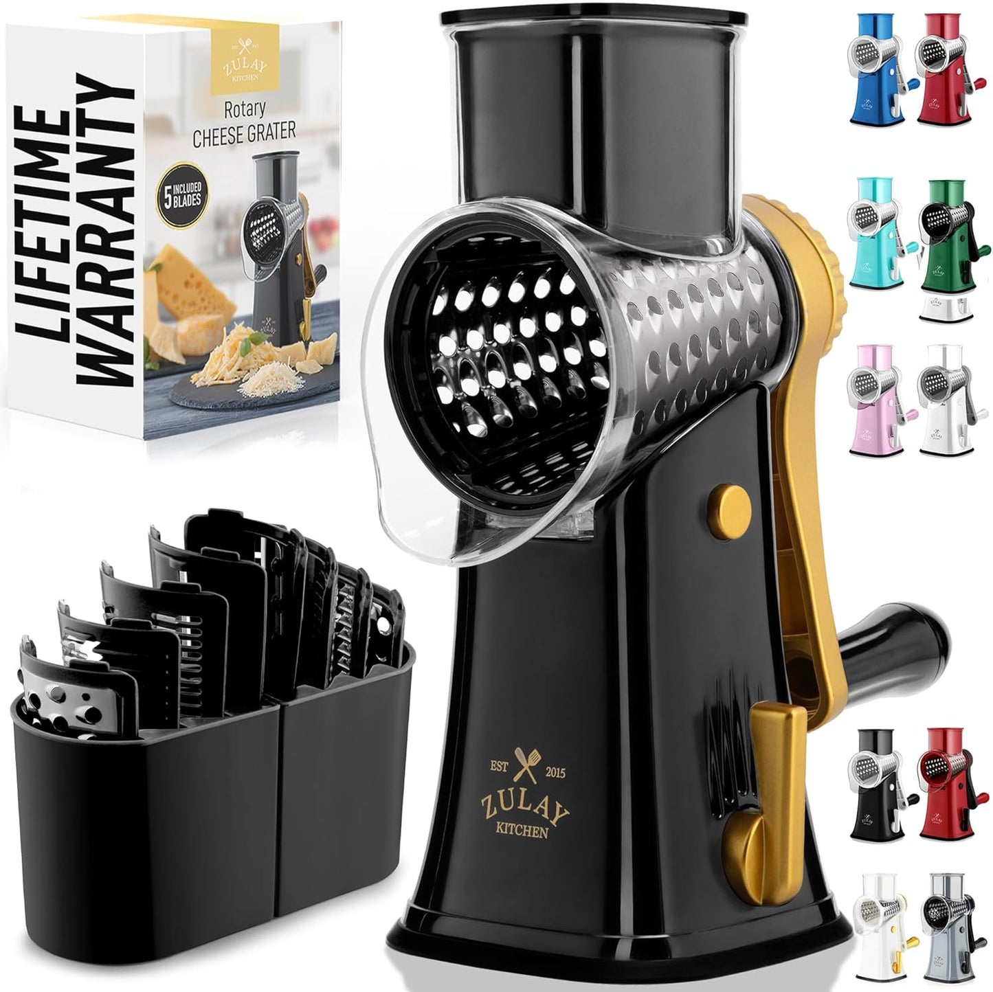 Zulay Kitchen Rotary Cheese Grater 5 Blade Cheese Shredder - Manual Hand Crank Cheese Grater With Reinforced Suction & 5 Interchangeable Drums - Easy to Use, Vegetable Chopper Round Mandoline Slicer - Colors B