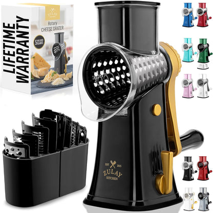 Zulay Kitchen Rotary Cheese Grater 5 Blade Cheese Shredder - Manual Hand Crank Cheese Grater With Reinforced Suction & 5 Interchangeable Drums - Easy to Use, Vegetable Chopper Round Mandoline Slicer - Colors B