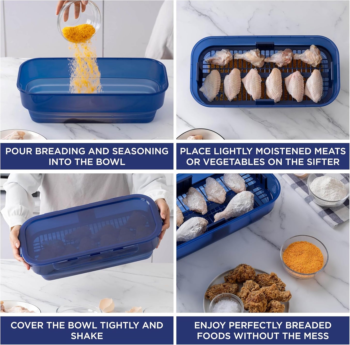 COOK WITH COLOR Collapsible Batter Bowl - Mess Free Breading Shaker Container - Great for Fried Fish, Fried Chicken, Onion Rings, Wings & More, Gray