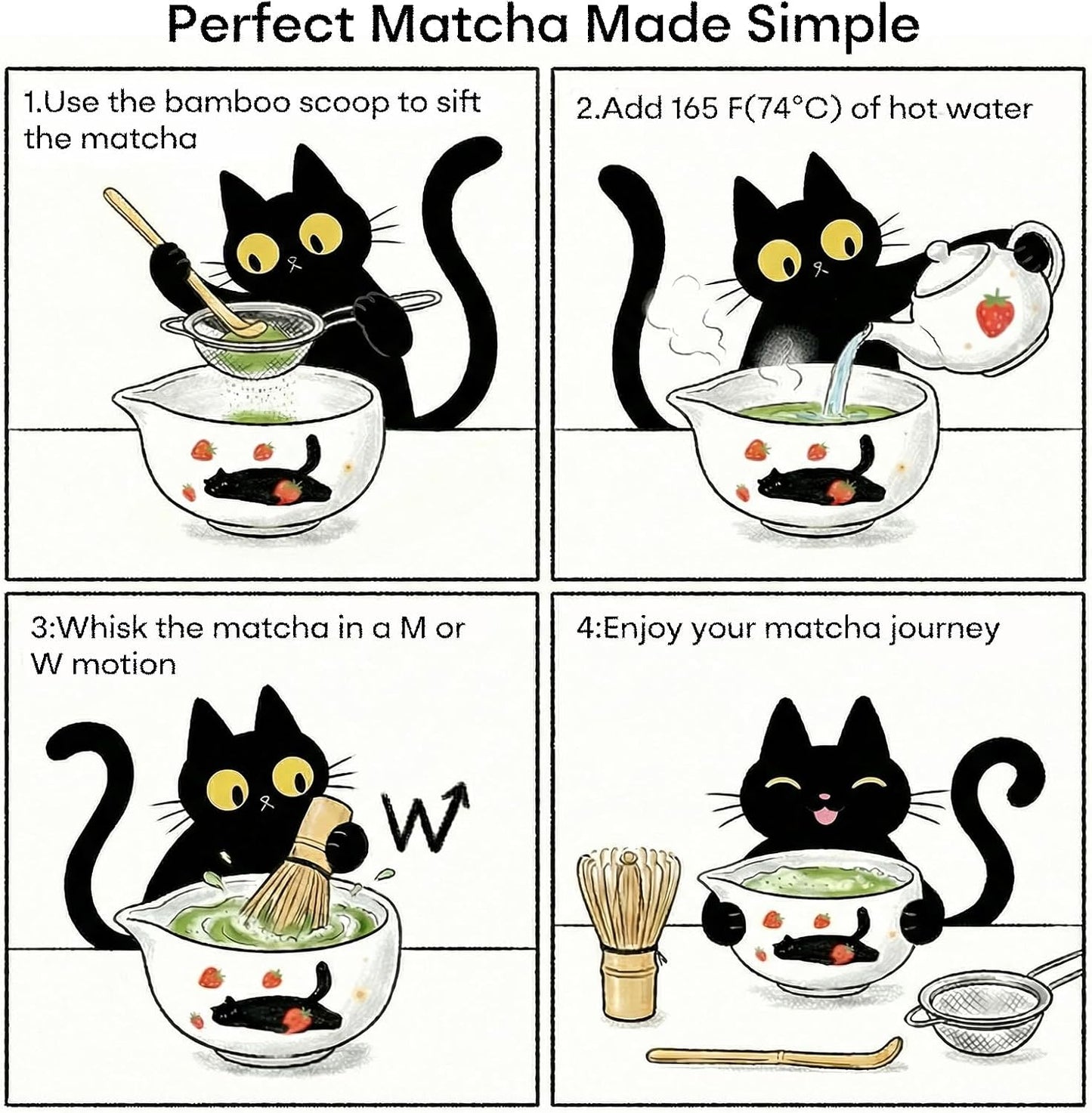 Matcha Whisk Set, 5 Pcs Traditional Japanese Matcha Whisk Preparation Kit, White Glossy Ceramic Bowl with Black Cat and Strawberry Pattern