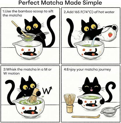Matcha Whisk Set, 5 Pcs Traditional Japanese Matcha Whisk Preparation Kit, White Glossy Ceramic Bowl with Black Cat and Strawberry Pattern