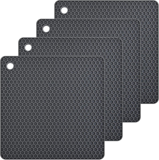 Silicone Trivets Mats Set, Silicone Hot Pads Pot Mat for Countertop, Trivet Pads Heat Resistant, Table Placemats, Square Small Drying Mats, 4 Pack, Black Trivets