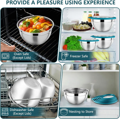 P&P CHEF Mixing Bowl with Lid Set of 7, Stainless Steel Nesting Salad Bowls for Cooking Serving Prepping, Clear Lids & Stackable Design, Size 4.6, 3.5, 3, 2, 1.5, 1, 0.7 Qt - Khaki