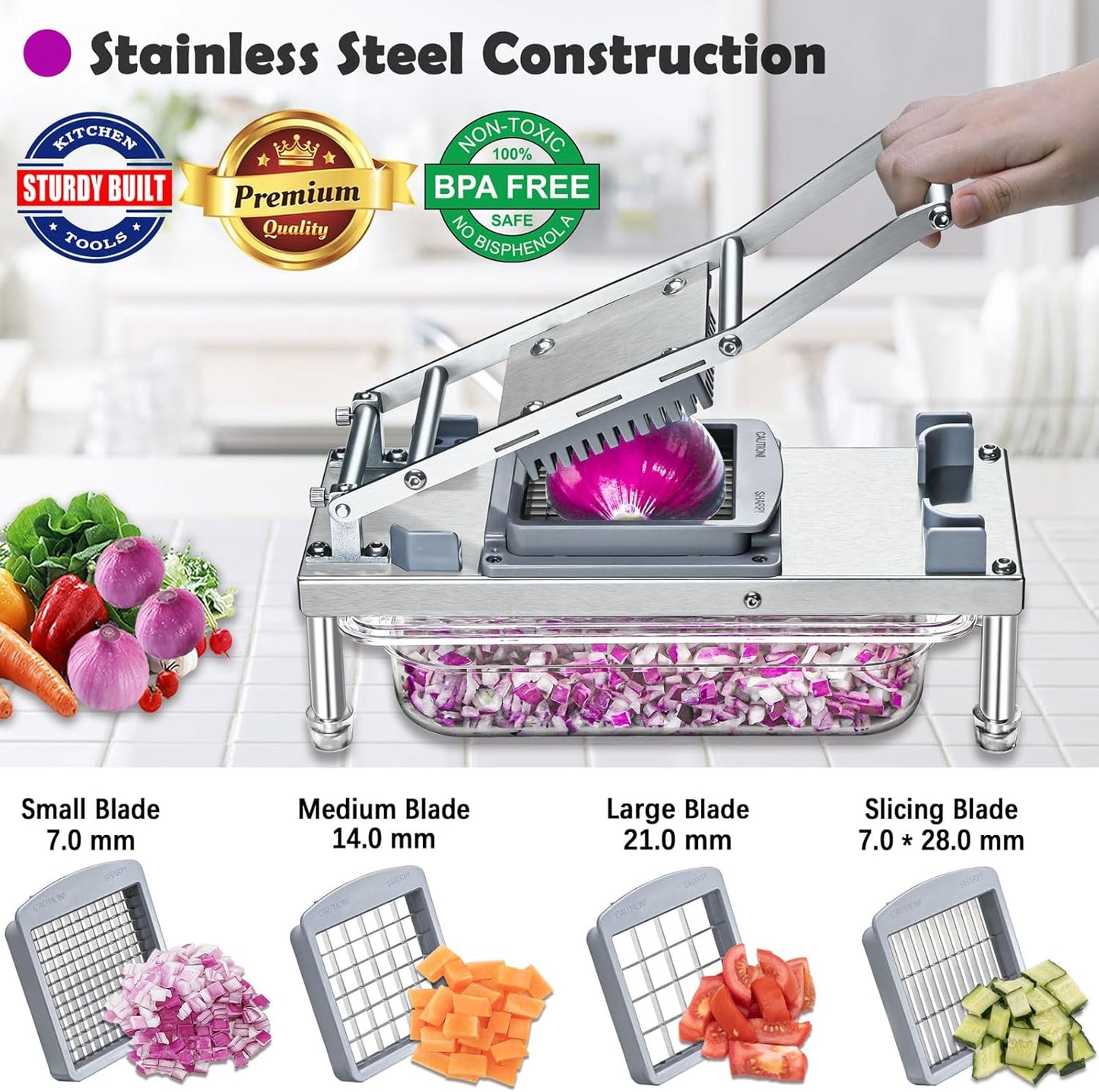 All-in-1 Vegetable Chopper with 8 Blades - Mandoline Slicer-Pro Food Chopper with Container - Veggie Salad Onion Chopper - Potato Dicer French Fry Cutter - Cheese Grater - Stainless Steel material