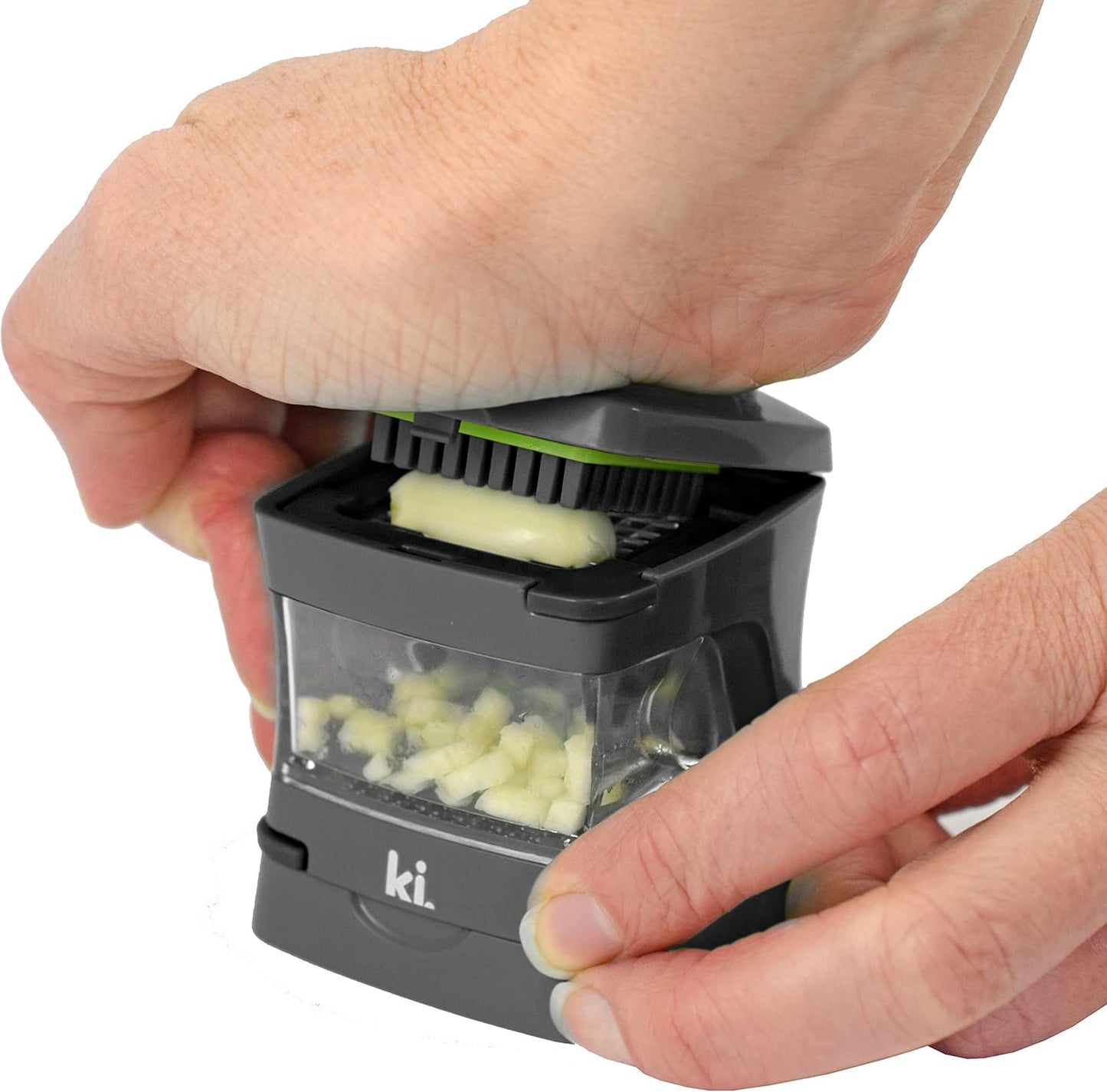 Garlic-A-Peel Garlic Press, Crusher, Cutter, Mincer, and Storage Container - Includes Silicone Garlic Peeler - Easy to Clean - Stainless Steel Blades – (Black), standard
