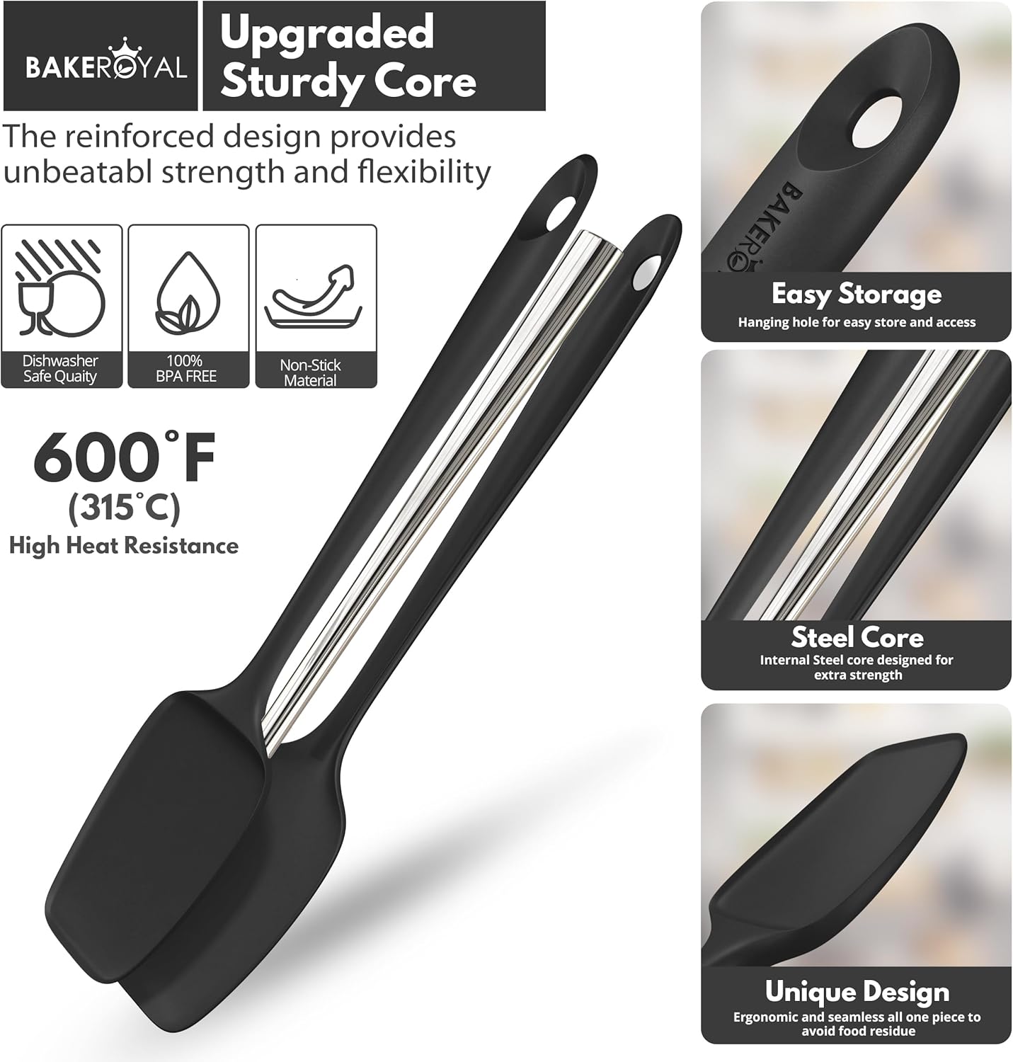 BakeRoyal Silicone Spatula Set - 4-Piece Rubber Spatulas Silicone Heat Resistant 600°F for Everyday Task - Seamless Design Kitchen Spatulas for Nonstick Cookware - Royal Blue