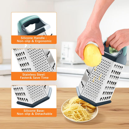 Cheese Grater, 6 Sides Box Graters for Kitchen, Stainless Steel Food Shredders for Cheese Vegetables Potatoes Carrot (Pink Handle)