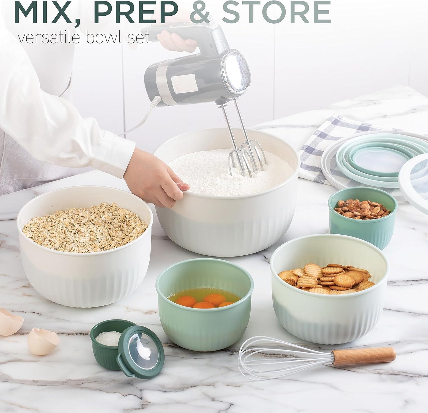 COOK WITH COLOR Prep Bowls with Lids- Wide and Deep Nesting Plastic Small Mixing Bowl Set with Lids, 8 Piece Set - Wide Bowls, Blue