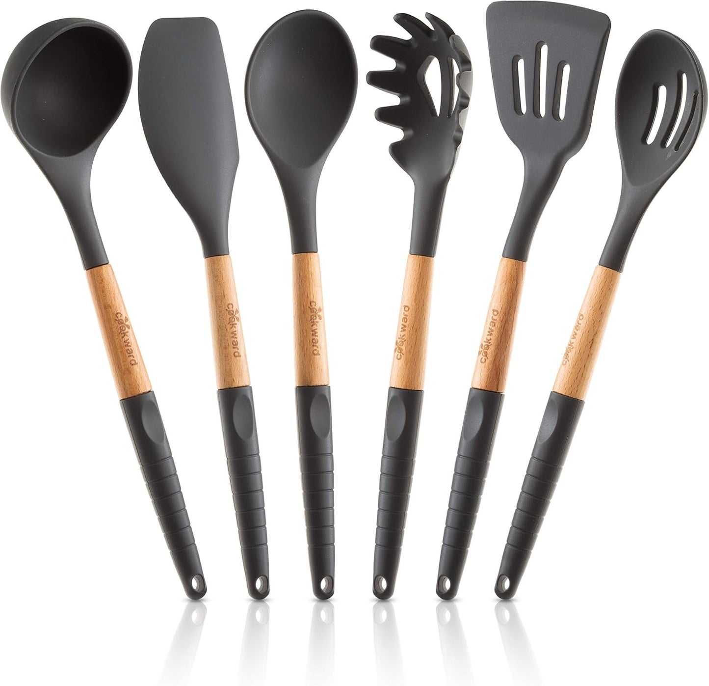 Silicone Cooking Utensils Set 6 Piece – Heat Resistant up to 480°F, BPA Free & Non-Scratch Kitchen Tools with Natural Wood Handles, Dark Gray