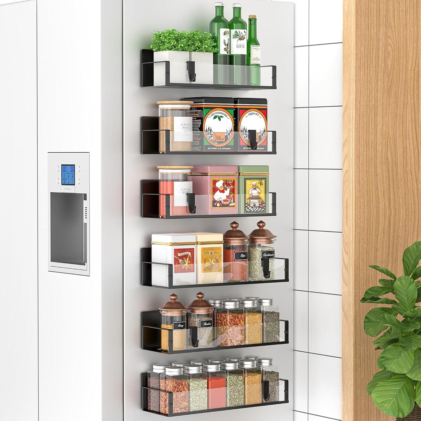 HuggieGems Metal 4 Pack Magnetic Spice Storage Rack Organizer for Refrigerator and Oven, Black Fridge Organizers and Storage, Metal