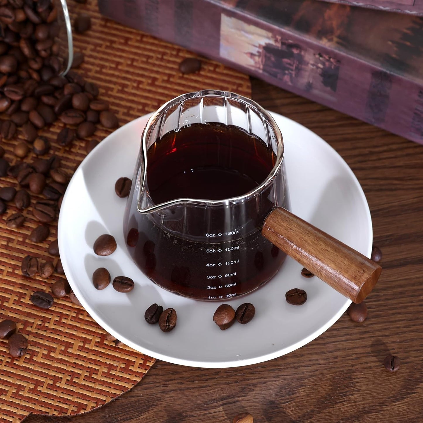 Espresso Measuring Cup 6 Oz, Espresso Glass Cups with Wood Handle, Milk Frothing Cup, Espresso Cup for Coffee, Milk, Tea or Maple Syrup Serving