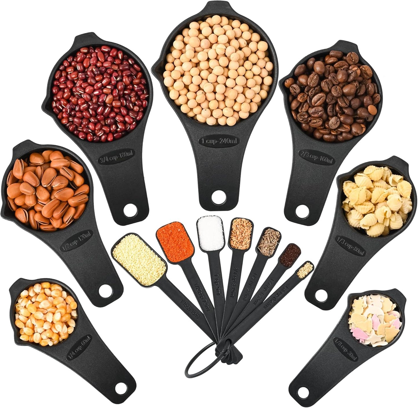 Measuring Cups and Spoons Set 15, 7 Plastic Measuring Cup Set, 7 Spice Long Handle Measuring Spoons with 1 Leveler for Kitchen and Baking, Dry Metric Measure Cups & Spoons Mixing Random Color