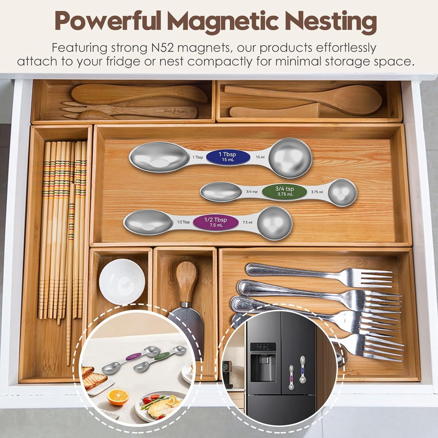 Magnetic Measuring Cups and Spoons Set - 304 Stainless Steel | Dual-sided Design | Set of 15 with Leveler | Strong N52 Magnetic Nesting Design | for Dry & Liquid Ingredients (Black)