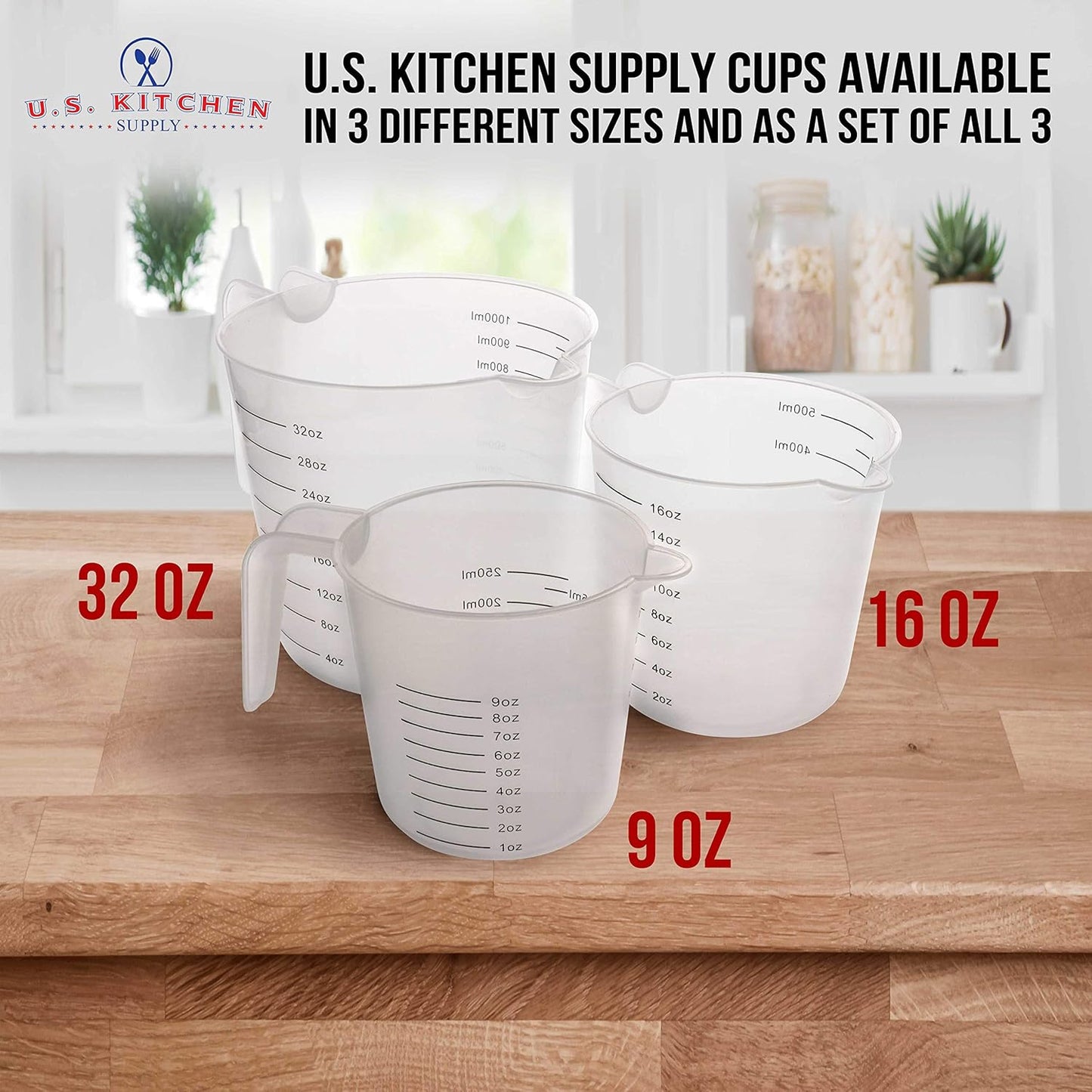 U.S. Kitchen Supply Plastic Measuring Cups with Handles - 8 oz (250 ml) Liquid Measuring Cup Set of 6 - Clear Microwave Safe Kitchen Cups - Measure in mL or Ounces, Measurement Cup for Cooking