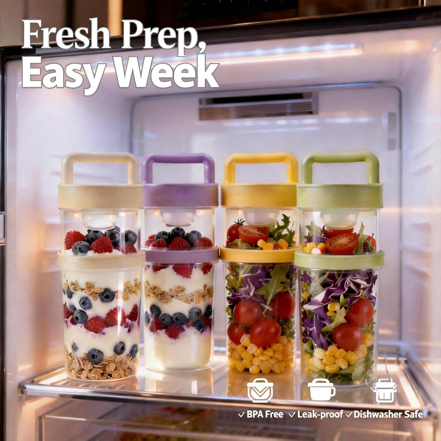 4 Pack Salad Cup with Dressing Container and Spoons - Portable Plastic Salad Prep Containers to Go - Leak-Proof Yogurt Parfait Cups - 2-Tier Meal Prep Containers for Breakfast & Lunch, Office, School