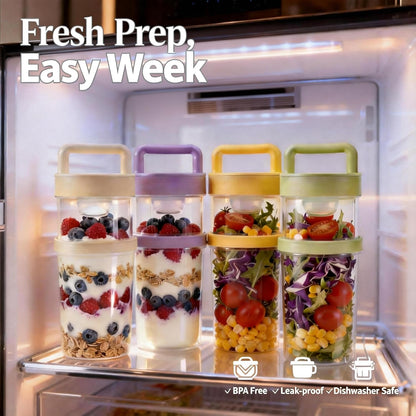 4 Pack Salad Cup with Dressing Container and Spoons - Portable Plastic Salad Prep Containers to Go - Leak-Proof Yogurt Parfait Cups - 2-Tier Meal Prep Containers for Breakfast & Lunch, Office, School