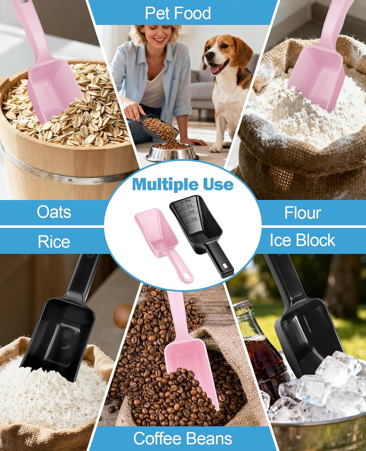 2-Pack Dog Food Scoop Set,1 Cup and 2 Cup Plastic Pet Food Measuring Scoops with Clear Measurement Lines,Multi-Purpose Pet Food Scooper for Dogs, Cats (Green and Black)