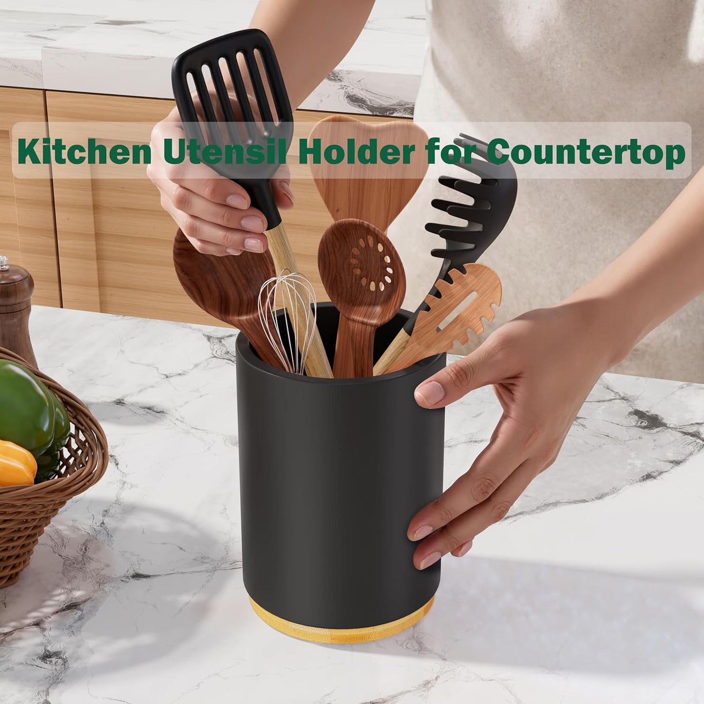 Utensil Holder, Acacia Wood Kitchen Utensil Holder for Countertop, 360°Rotating Cooking Utensil Crock for Kitchen Counter, 7.2" Large Utensil Organizer for Spatula