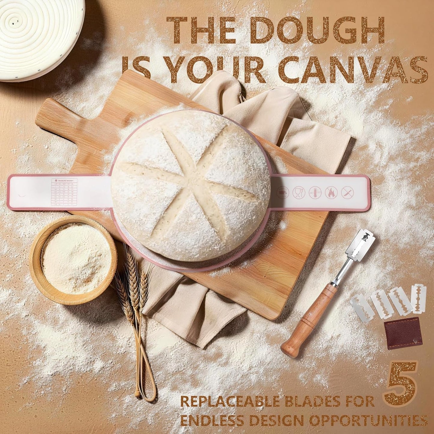 Sourdough Starter Kit for Beginners – Complete Sourdough Kit with Banneton Basket, Bread Lame with Blades, Starter Jar, Bread Stencil, Dough Scraper & Recipe Guide – Sourdough Bread Making Kit