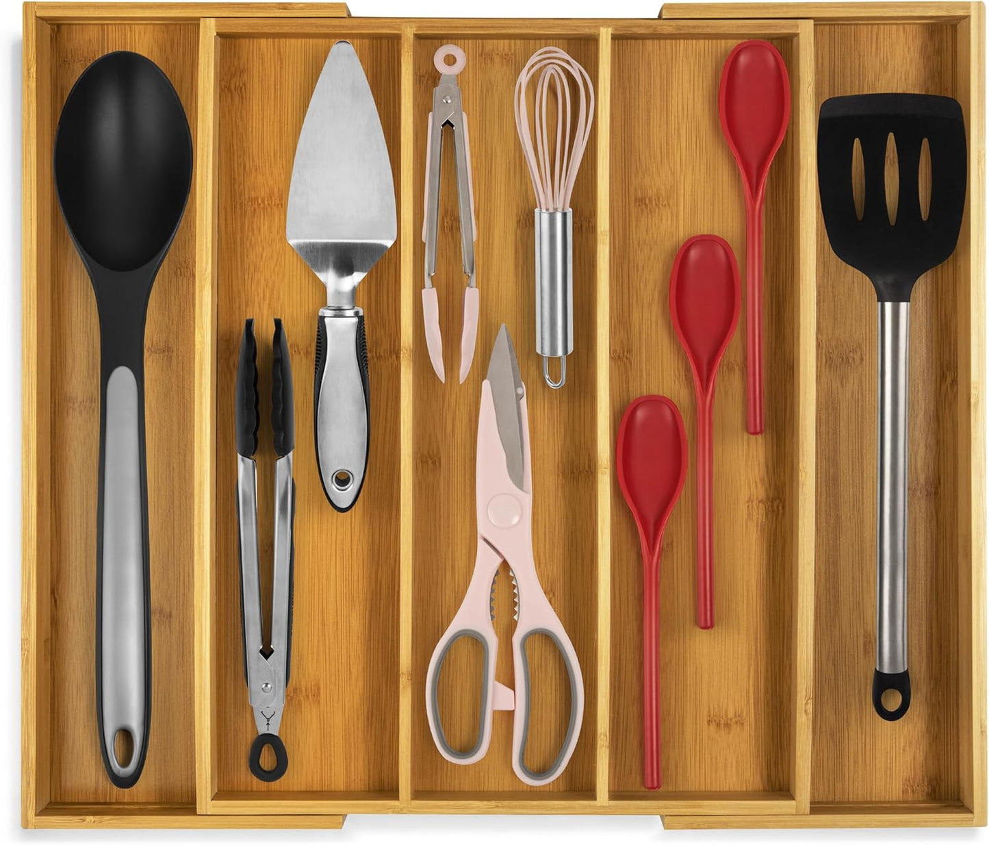 Purawood Bamboo Drawer Organizer - Expandable Silverware Organizer & Utensil Drawer Organizer, Cutlery Tray with Dividers, 7-9 Slots- Kitchen Organizer for Utensils & Flatware (Natural)