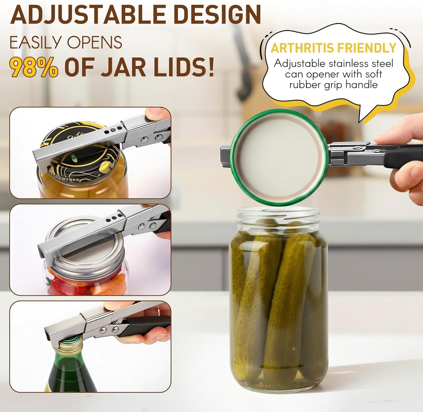 Comfort Grip Jar Opener for Weak Hands, 4 Pcs Kitchen Opening Set with Adjustable Multifunctional Stainless Steel Can Opener with Gripper & Mason Jar Lid Openers,Release Vacuum Seal,Arthritis Friendly