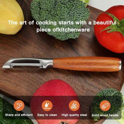 Serrated Blade Premium I Type 304 Stainless Steel Multifunctional Kitchen Peeler Real Wood Handle Ultra Sharp Blade Vegetable Potato Apple（Agarwood）