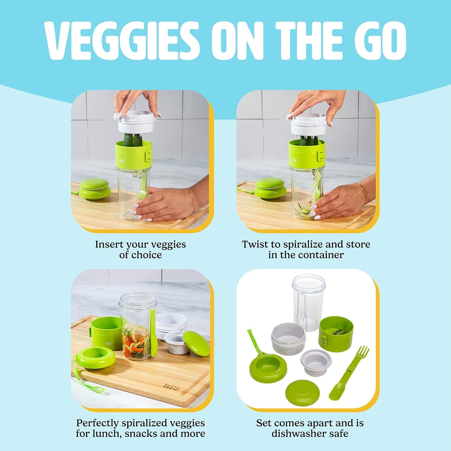 Tasty 2-in-1 Vegetable Spiralizer and Salad Container, Travel Fork Included, Dishwasher Safe, Multiple Compartments, Green