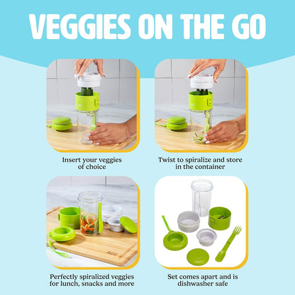 Tasty 2-in-1 Vegetable Spiralizer and Salad Container, Travel Fork Included, Dishwasher Safe, Multiple Compartments, Green
