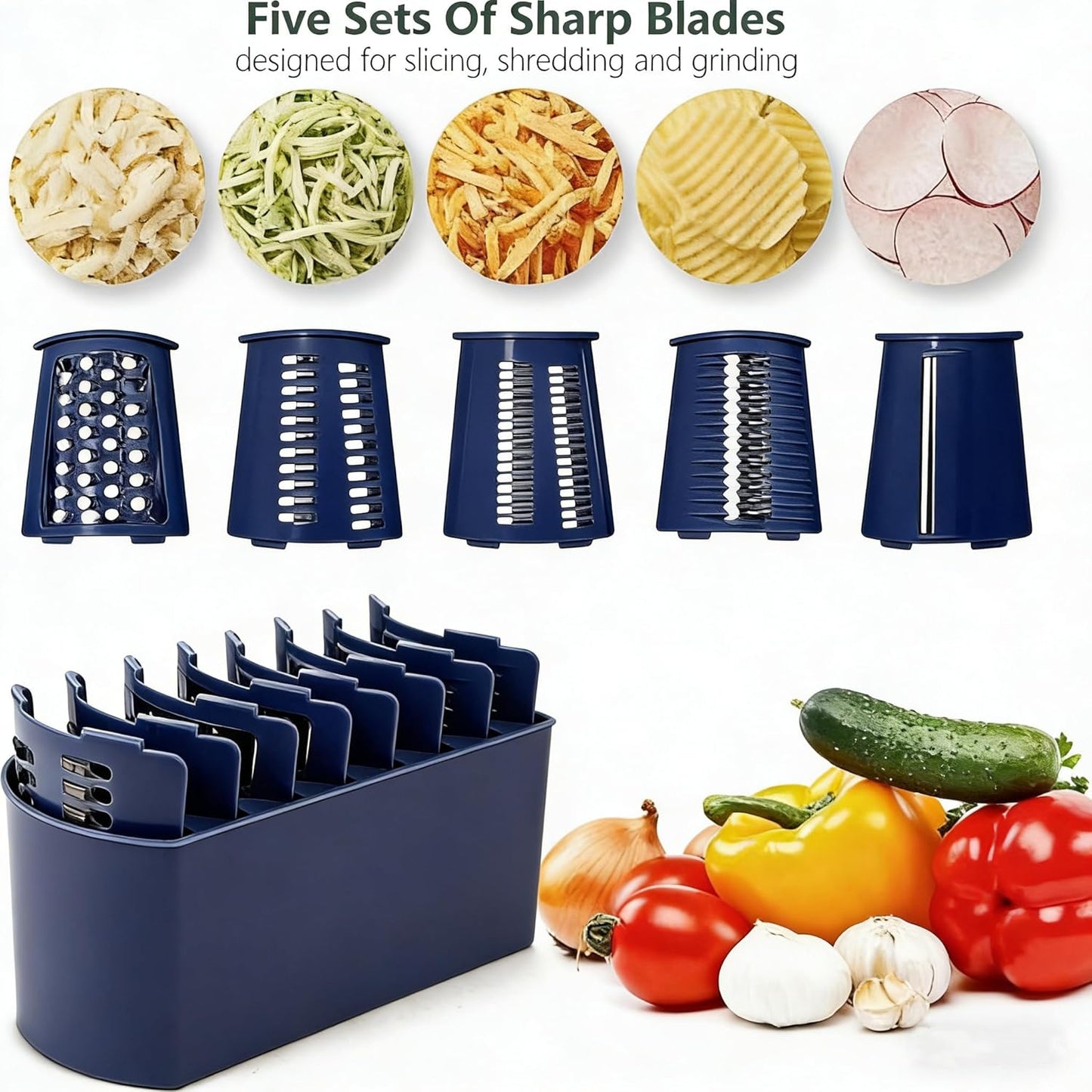 Rotary Cheese Grater with Handle: 5-in-1 Cheese Grater Hand Crank, Strong Suction Base for Fruit Vegetables Nuts with Blade Storage Box(Purple)