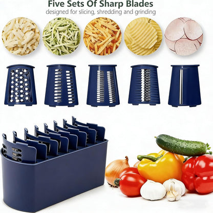 Rotary Cheese Grater with Handle: 5-in-1 Cheese Grater Hand Crank, Strong Suction Base for Fruit Vegetables Nuts with Blade Storage Box(Purple)