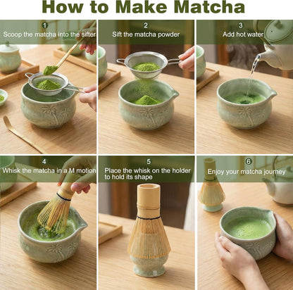 Matcha Whisk Set -7 Pcs Ceramic Matcha Kit Includes Matcha Bowl,Holder,Matcha Sifter, Bamboo Whisk (Chasen),Matcha Spoon and Scoop and Tea Towel,Matcha Kit for Matcha Lovers(Cyan)