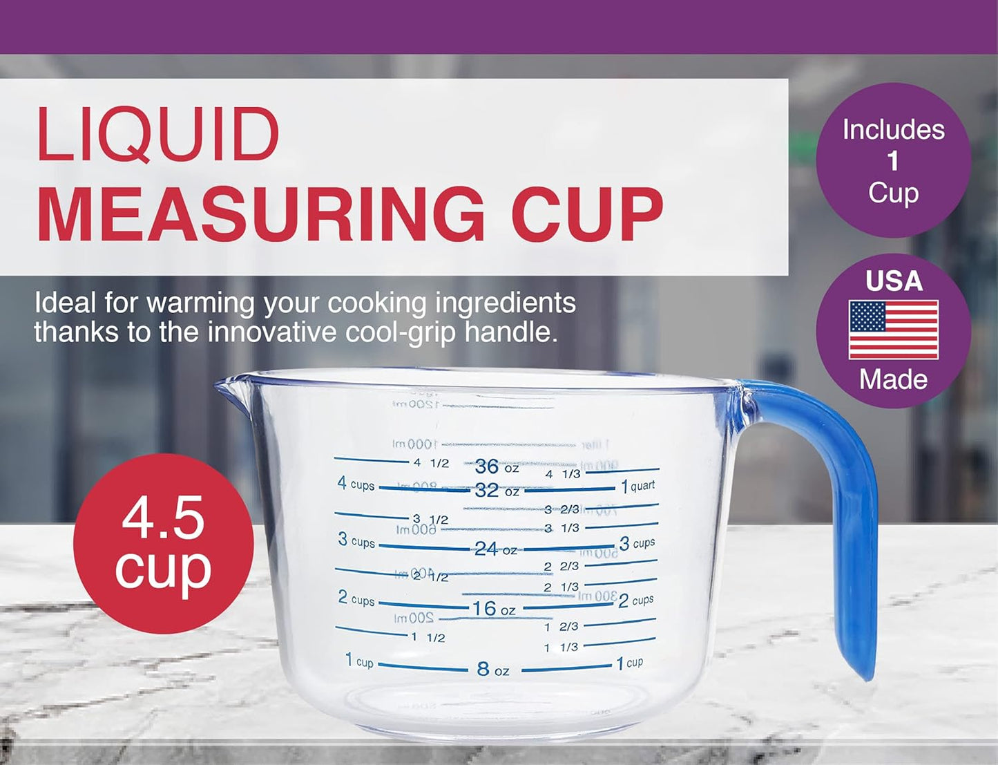 Arrow Home Products 03212 4-1/2 Cup Cool Grip Measure Cup, 36-Ounce Capacity, Plastic with Blue Handle and Graduates