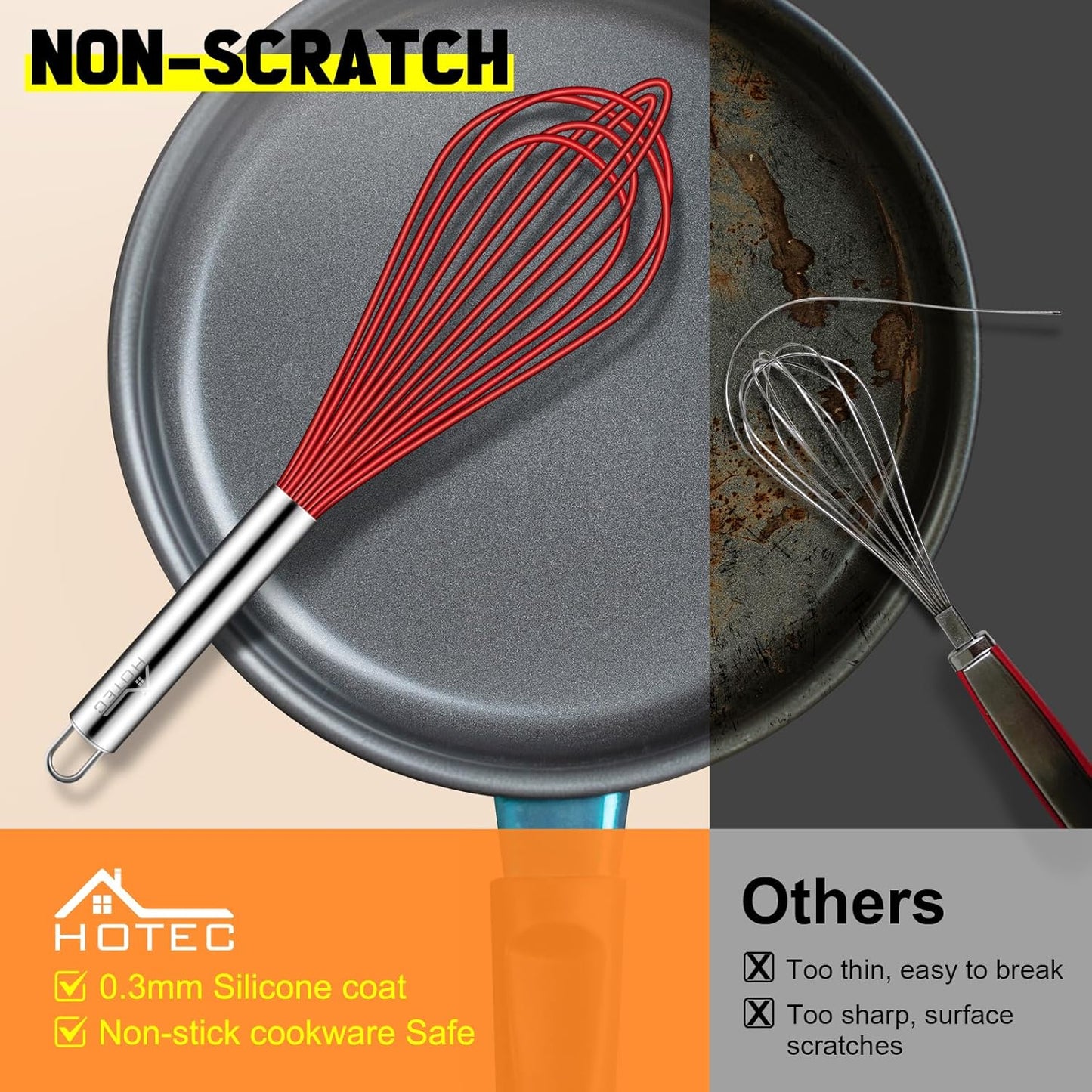 HOTEC 4 Pieces Silicone Whisks Set, Wire Balloon Whisks for cooking Egg Beater, Non-slip Handle Whisk for Non-stick Cookware Perfect for Cooking, Stirring, Beating and Blending (Multicolor)